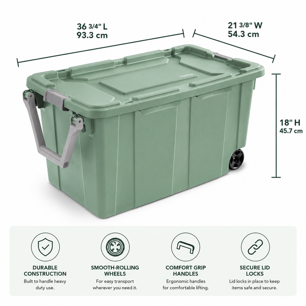 40-Gallon Wheeled Storage Tote, Green, 2 Pack.