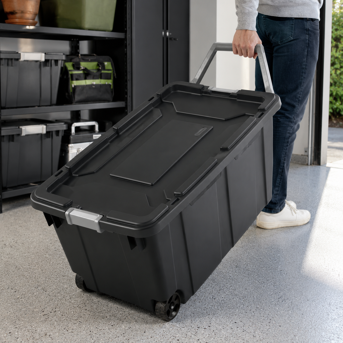 40-Gallon Wheeled Storage Tote, Dark Gray, 2 Pack.