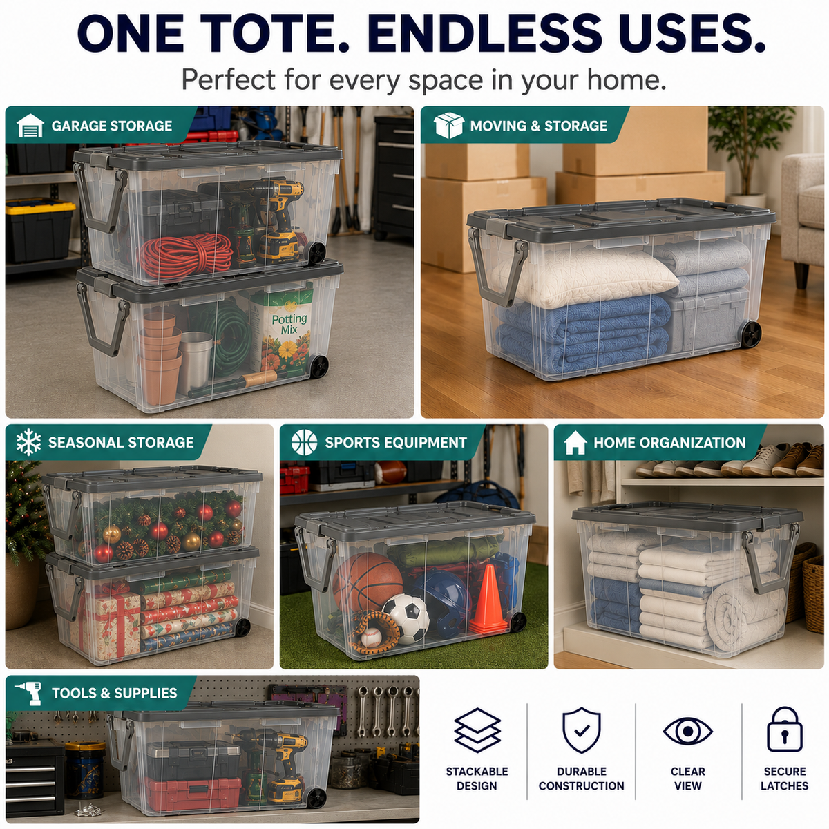 160-Quart Wheeled Storage Tote, Gray, 4-Pack