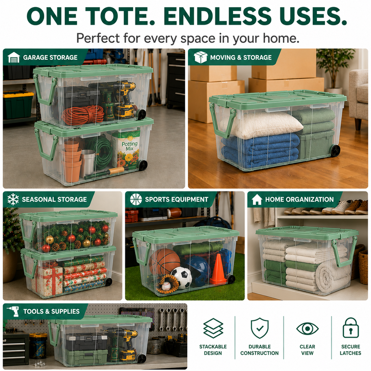 160-Quart Wheeled Storage Tote, Green, 4-Pack
