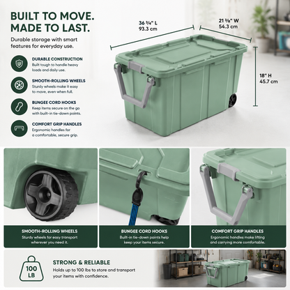 40-Gallon Wheeled Storage Tote, Green, 2 Pack.