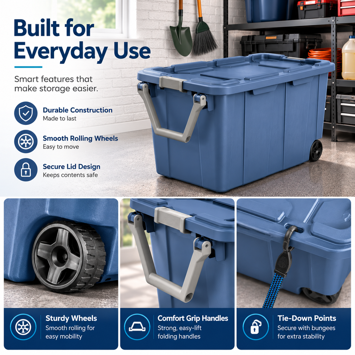 40-Gallon Wheeled Storage Tote, Blue, 4-Pack