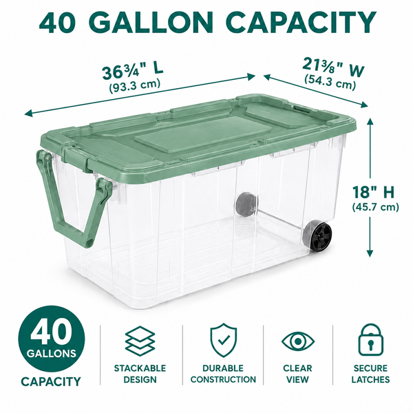 160-Quart Wheeled Storage Tote, Green, 4-Pack