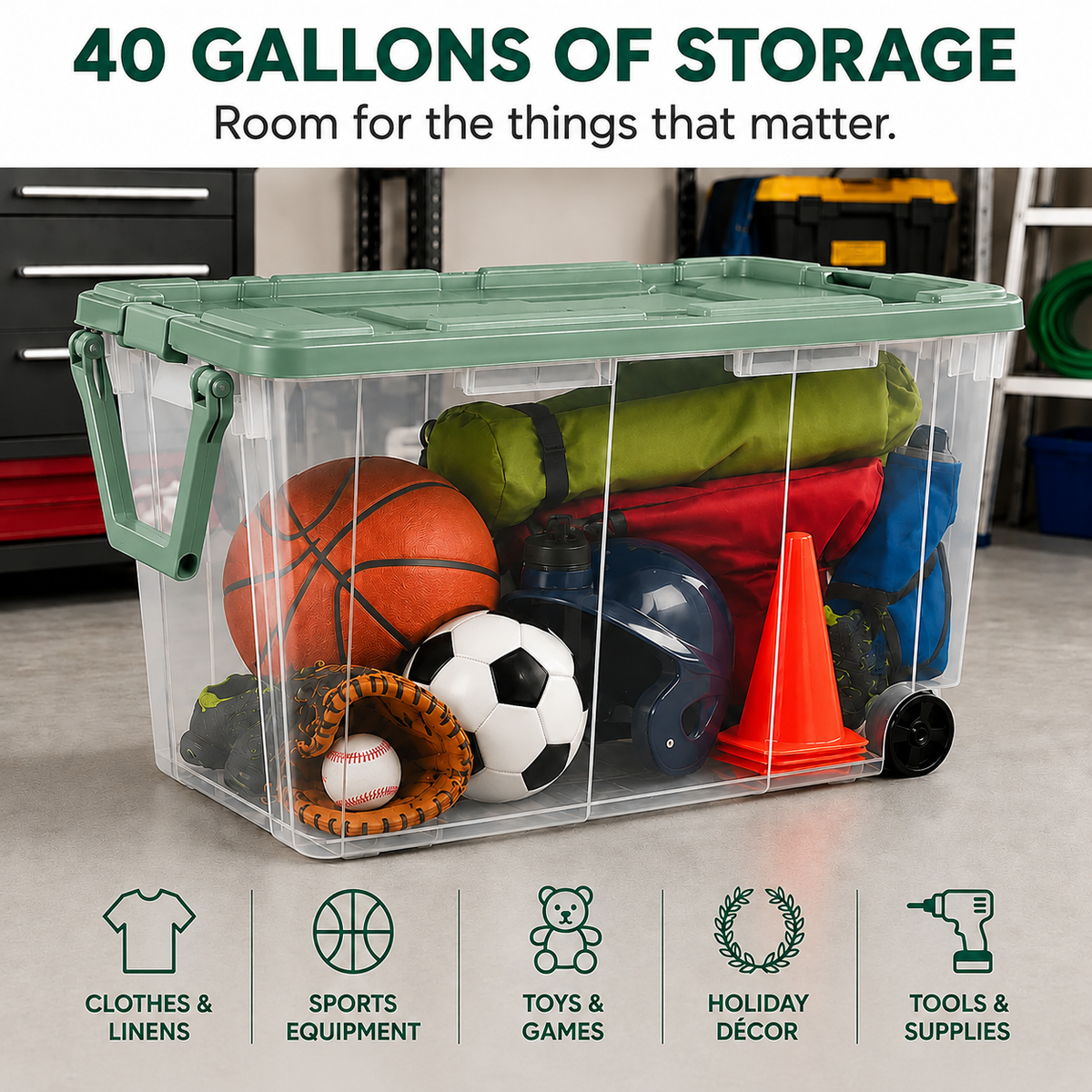 160-Quart Wheeled Storage Tote, Green, 4-Pack