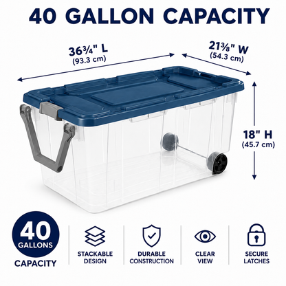 160-Quart Wheeled Storage Tote, Blue, 2-Pack