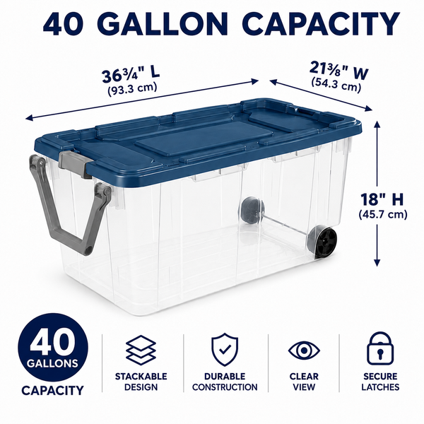 160-Quart Wheeled Storage Tote, Blue, 2-Pack
