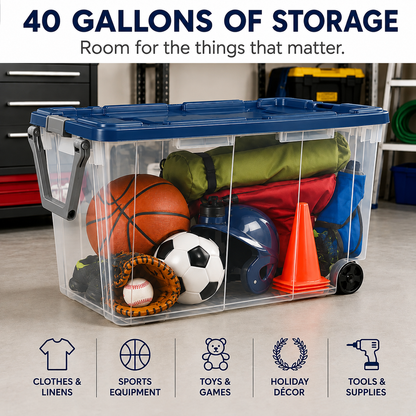 160-Quart Wheeled Storage Tote, Blue, 2-Pack